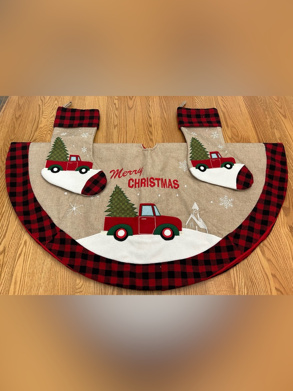 Red Truck Tree Skirt & Stockings Set with Buffalo Plaid Trim